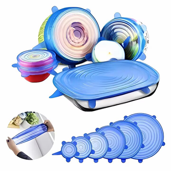 Set 6 capace silicone flexibile reutilizabile, etanșe, depozitare alimente, albastru și transparent
