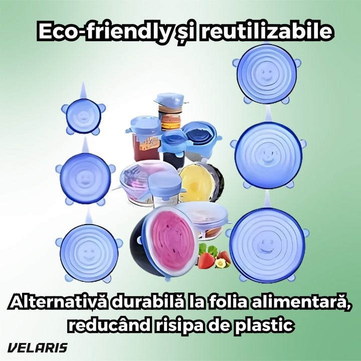 Set 6 capace silicone flexibile reutilizabile, etanșe, depozitare alimente, albastru și transparent