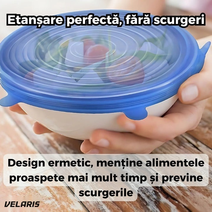 Set 6 capace silicone flexibile reutilizabile, etanșe, depozitare alimente, albastru și transparent