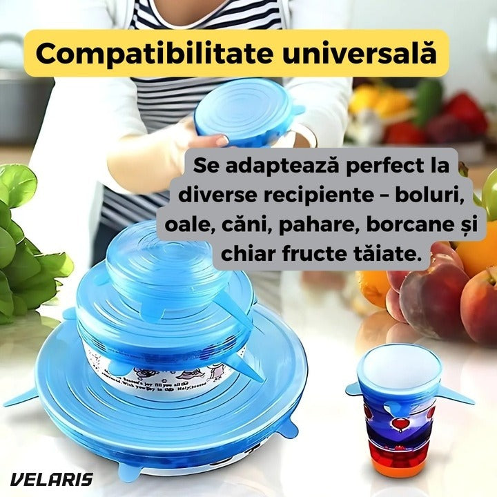 Set 6 capace silicone flexibile reutilizabile, etanșe, depozitare alimente, albastru și transparent