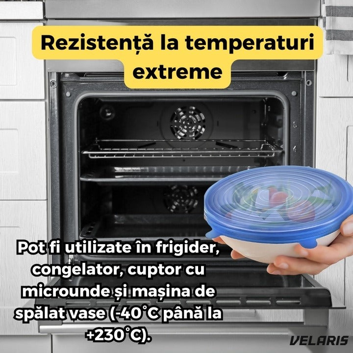 Set 6 capace silicone flexibile reutilizabile, etanșe, depozitare alimente, albastru și transparent