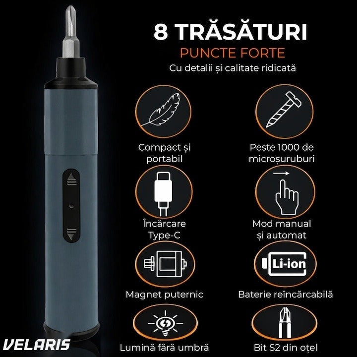 Șurubelniță electrică de precizie 49 în 1, reîncărcabilă, 400mAh Li-ion, gri