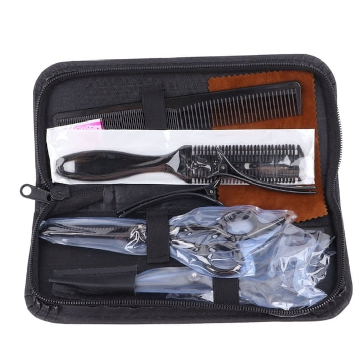 Set profesional foarfeci tuns par, 2 foarfeci texturare, 2 piepteni, agrafe, cutie otel inoxidabil