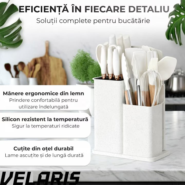 Set Ustensile Bucatarie 19 Piese Silicon Termorezistent si Bambus, Cutite Inox, Suport Organizator Compact, Design Alb Elegant