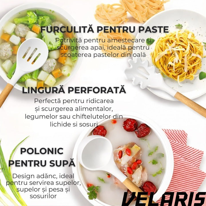Set Ustensile Bucatarie 19 Piese Silicon Termorezistent si Bambus, Cutite Inox, Suport Organizator Compact, Design Alb Elegant