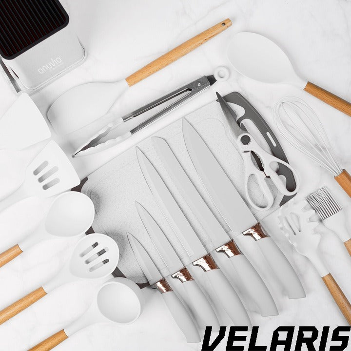Set Ustensile Bucatarie 19 Piese Silicon Termorezistent si Bambus, Cutite Inox, Suport Organizator Compact, Design Alb Elegant