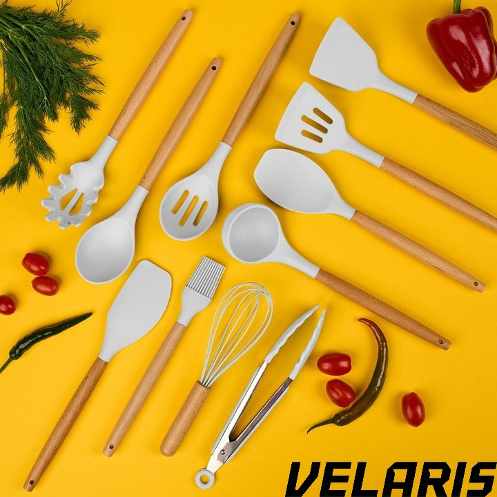 Set Ustensile Bucatarie 19 Piese Silicon Termorezistent si Bambus, Cutite Inox, Suport Organizator Compact, Design Alb Elegant