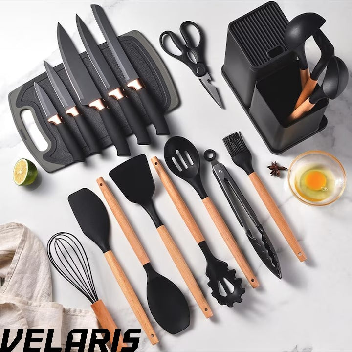 Set Ustensile Bucatarie 19 Piese Silicon Termorezistent si Bambus, Cutite Inox, Suport Organizator Compact, Design Negru Elegant