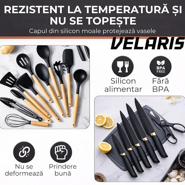 Set Ustensile Bucatarie 19 Piese Silicon Termorezistent si Bambus, Cutite Inox, Suport Organizator Compact, Design Negru Elegant