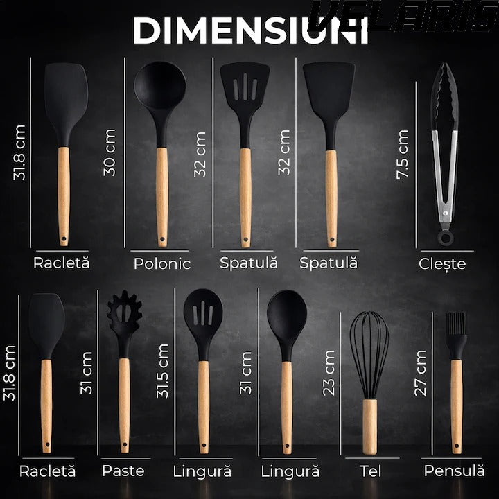 Set Ustensile Bucatarie 19 Piese Silicon Termorezistent si Bambus, Cutite Inox, Suport Organizator Compact, Design Negru Elegant