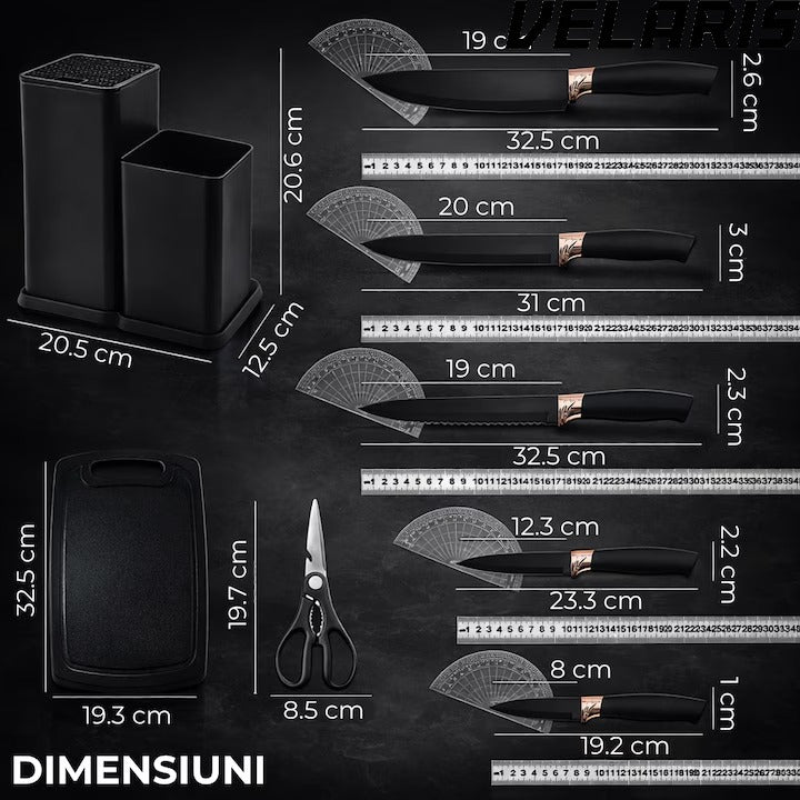 Set Ustensile Bucatarie 19 Piese Silicon Termorezistent si Bambus, Cutite Inox, Suport Organizator Compact, Design Negru Elegant