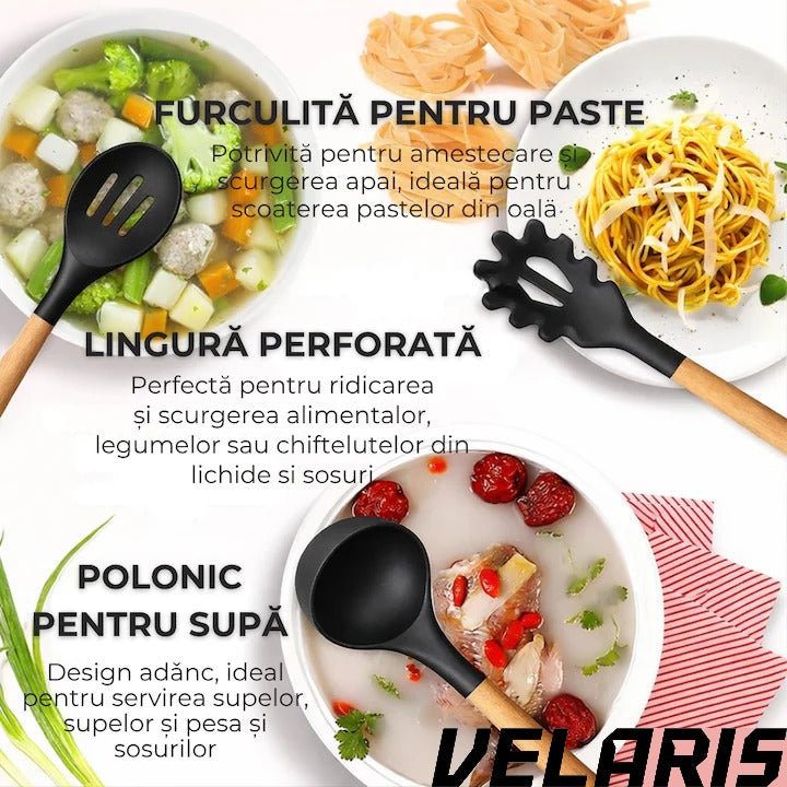 Set Ustensile Bucatarie 19 Piese Silicon Termorezistent si Bambus, Cutite Inox, Suport Organizator Compact, Design Negru Elegant