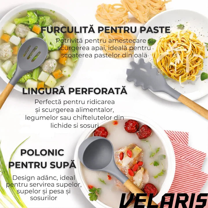 Set Ustensile Bucatarie 19 Piese Silicon Termorezistent si Bambus, Cutite Inox, Suport Organizator Compact, Design Gri Elegant