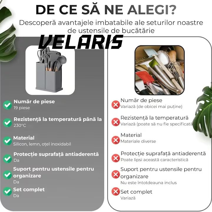 Set Ustensile Bucatarie 19 Piese Silicon Termorezistent si Bambus, Cutite Inox, Suport Organizator Compact, Design Gri Elegant