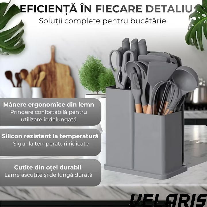 Set Ustensile Bucatarie 19 Piese Silicon Termorezistent si Bambus, Cutite Inox, Suport Organizator Compact, Design Gri Elegant