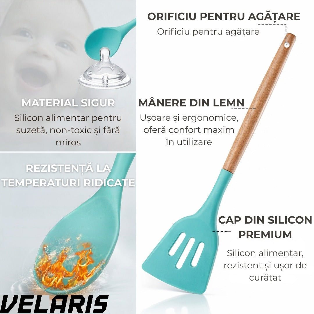 Set ustensile bucatarie silicon premium 19 piese cu suport organizare cutite tocator linguri spatule fara BPA rezistente la temperaturi ridicate, Turcoaz