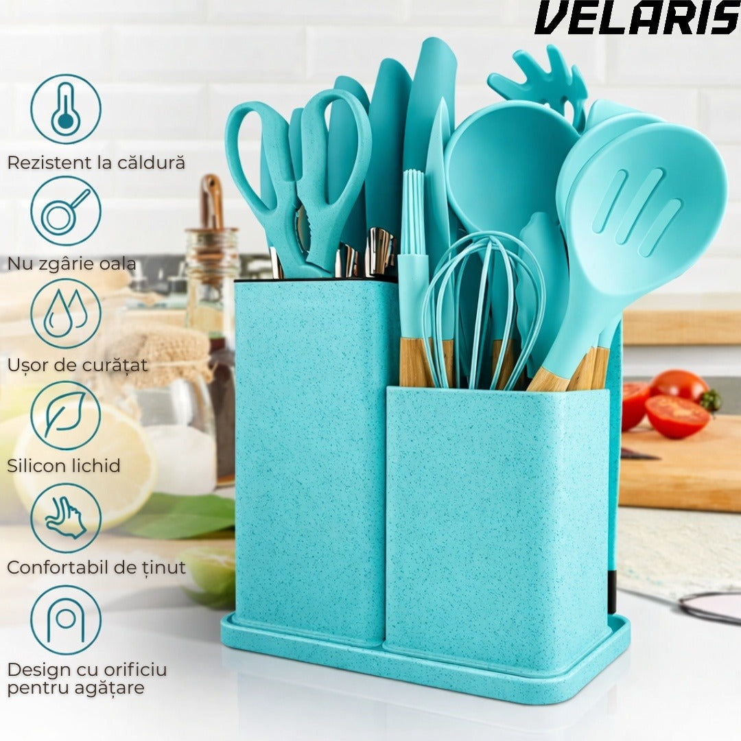 Set ustensile bucatarie silicon premium 19 piese cu suport organizare cutite tocator linguri spatule fara BPA rezistente la temperaturi ridicate, Turcoaz