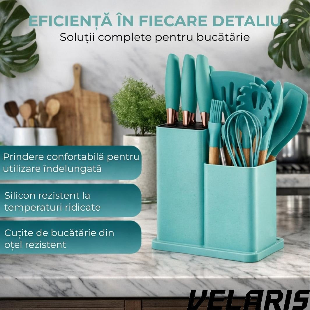 Set ustensile bucatarie silicon premium 19 piese cu suport organizare cutite tocator linguri spatule fara BPA rezistente la temperaturi ridicate, Turcoaz