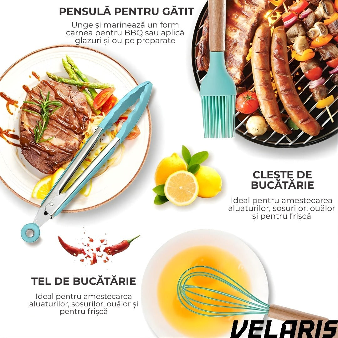 Set ustensile bucatarie silicon premium 19 piese cu suport organizare cutite tocator linguri spatule fara BPA rezistente la temperaturi ridicate, Turcoaz