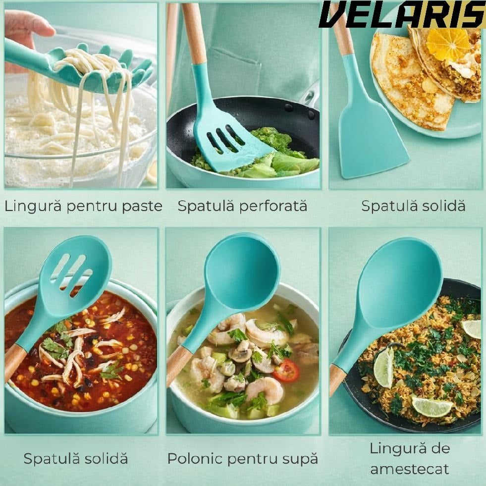 Set ustensile bucatarie silicon premium 19 piese cu suport organizare cutite tocator linguri spatule fara BPA rezistente la temperaturi ridicate, Turcoaz