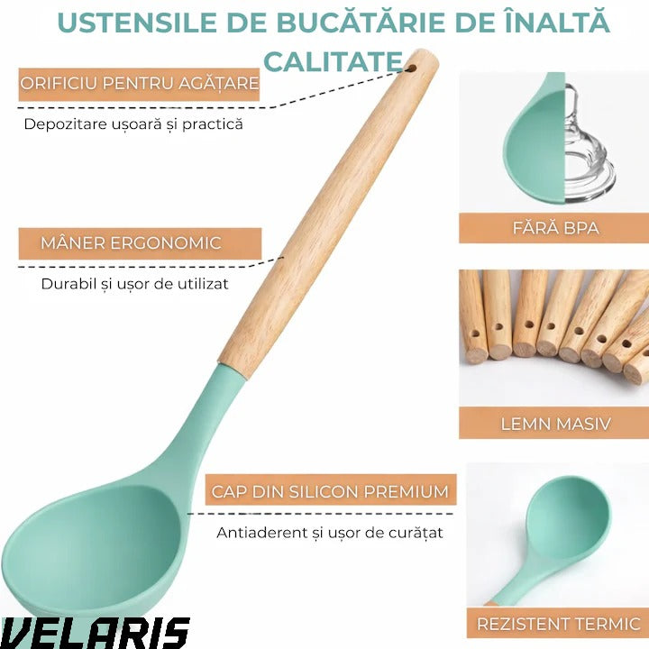 Set ustensile bucatarie silicon premium 19 piese cu suport organizare cutite tocator linguri spatule fara BPA rezistente la temperaturi ridicate verde menta