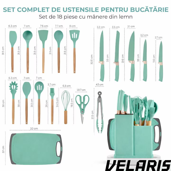 Set ustensile bucatarie silicon premium 19 piese cu suport organizare cutite tocator linguri spatule fara BPA rezistente la temperaturi ridicate verde menta
