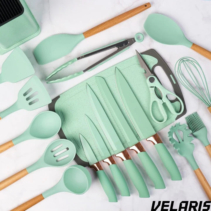 Set ustensile bucatarie silicon premium 19 piese cu suport organizare cutite tocator linguri spatule fara BPA rezistente la temperaturi ridicate verde menta