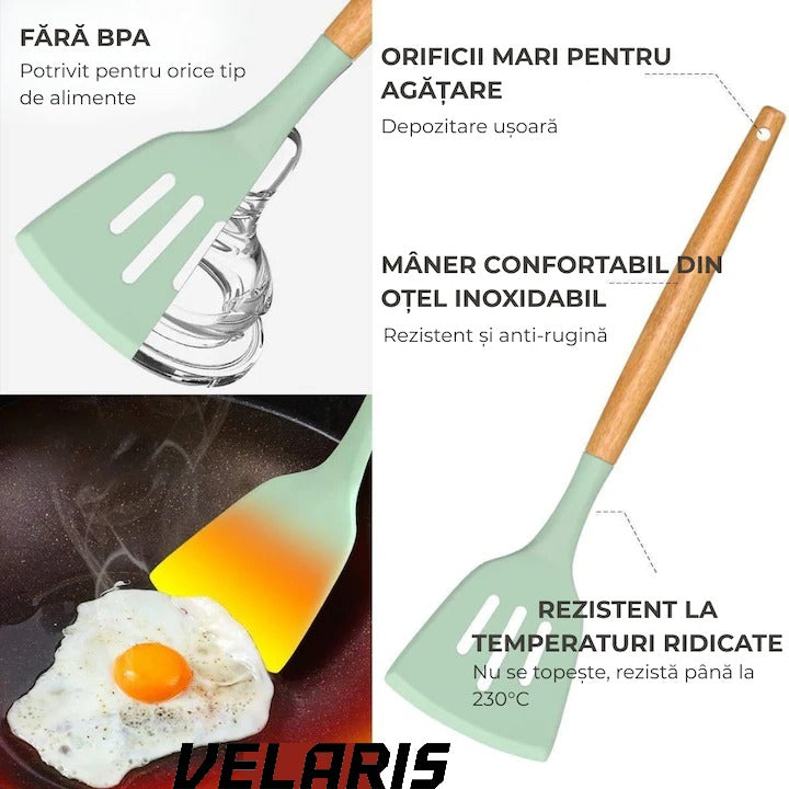 Set ustensile bucatarie silicon premium 19 piese cu suport organizare cutite tocator linguri spatule fara BPA rezistente la temperaturi ridicate verde menta