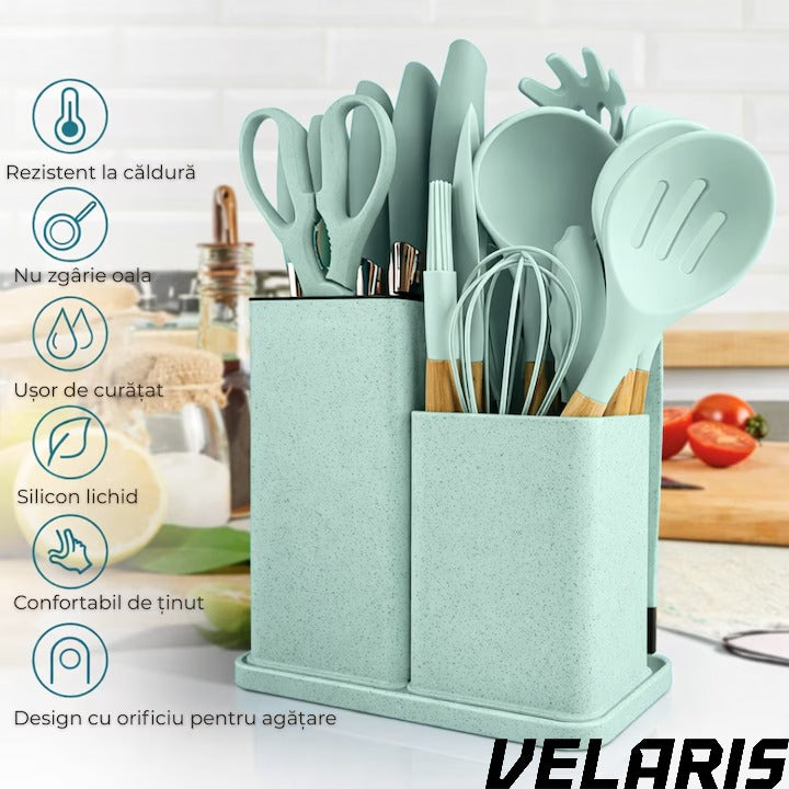 Set ustensile bucatarie silicon premium 19 piese cu suport organizare cutite tocator linguri spatule fara BPA rezistente la temperaturi ridicate verde menta