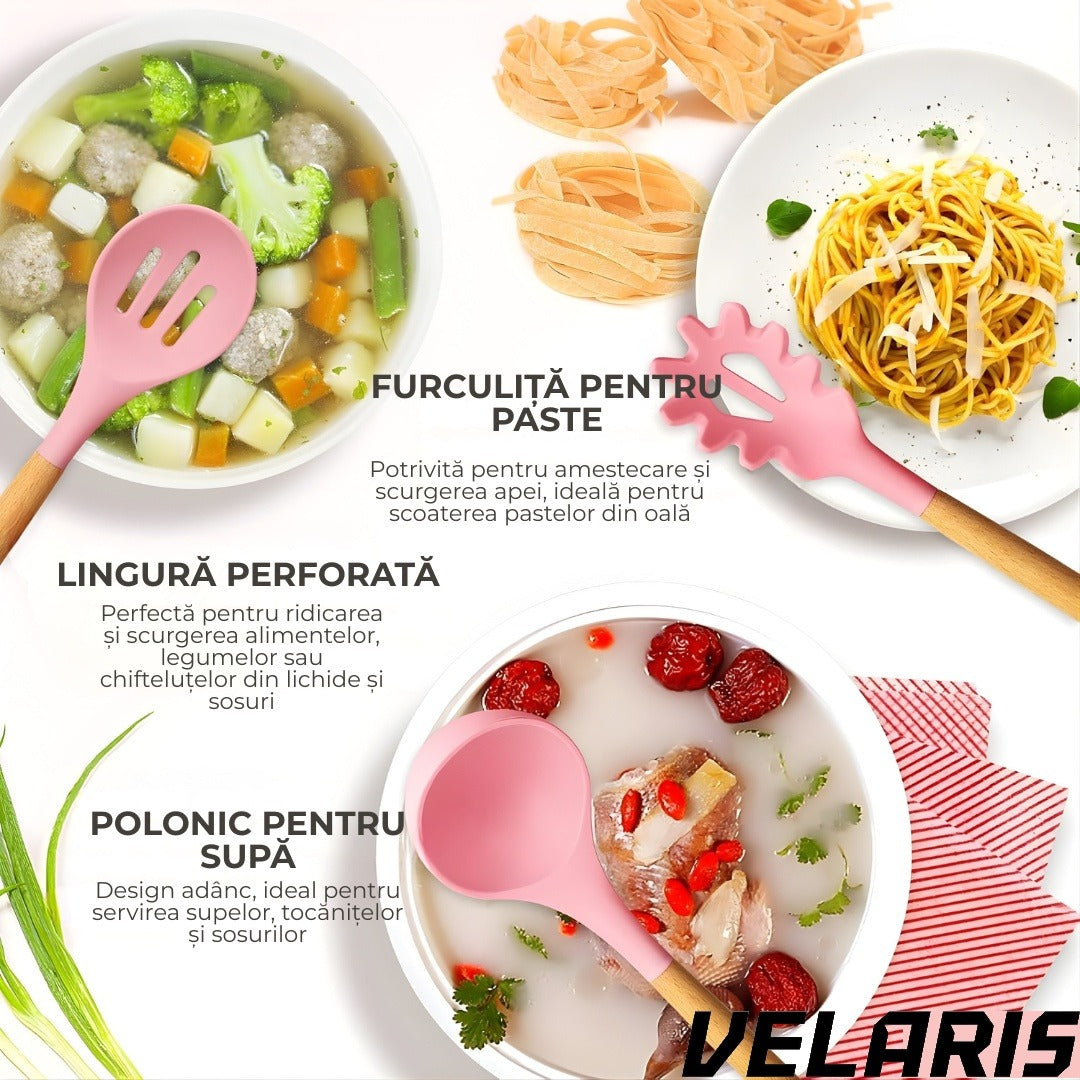 Set ustensile bucatarie silicon premium 19 piese cu suport organizare cutite tocator linguri spatule fara BPA rezistente la temperaturi ridicate, Roz