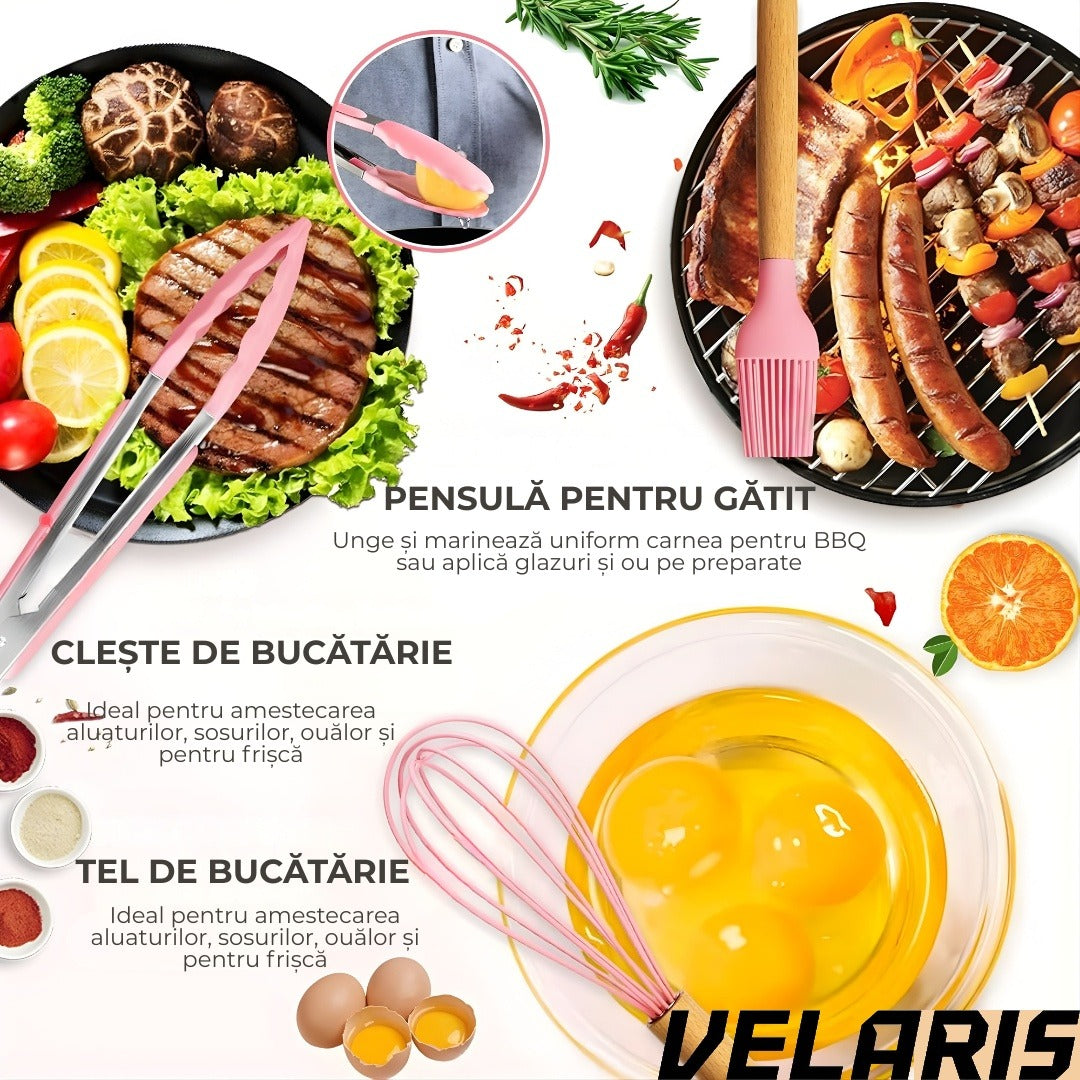 Set ustensile bucatarie silicon premium 19 piese cu suport organizare cutite tocator linguri spatule fara BPA rezistente la temperaturi ridicate, Roz