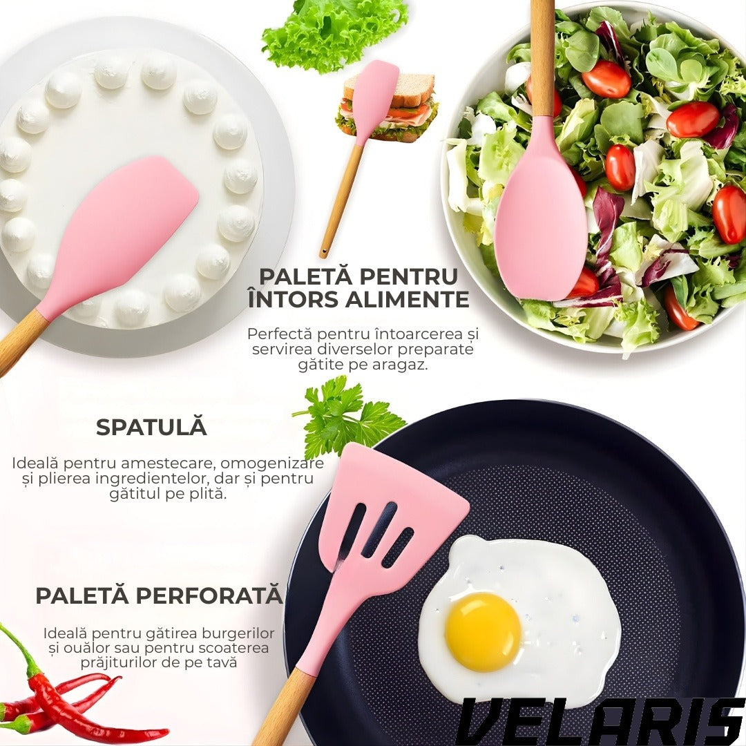 Set ustensile bucatarie silicon premium 19 piese cu suport organizare cutite tocator linguri spatule fara BPA rezistente la temperaturi ridicate, Roz