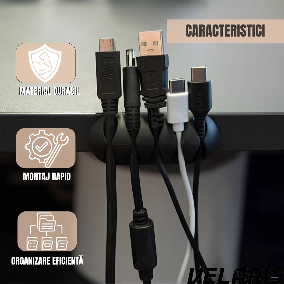 Set suport organizare cabluri, 10 bucati, 5 dimensiuni diferite, autoadeziv, negru