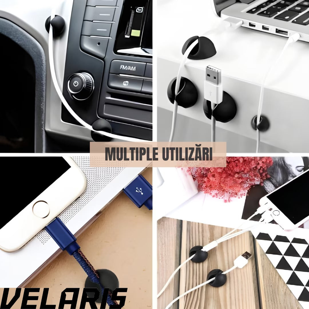 Set suport organizare cabluri, 10 bucati, 5 dimensiuni diferite, autoadeziv, negru