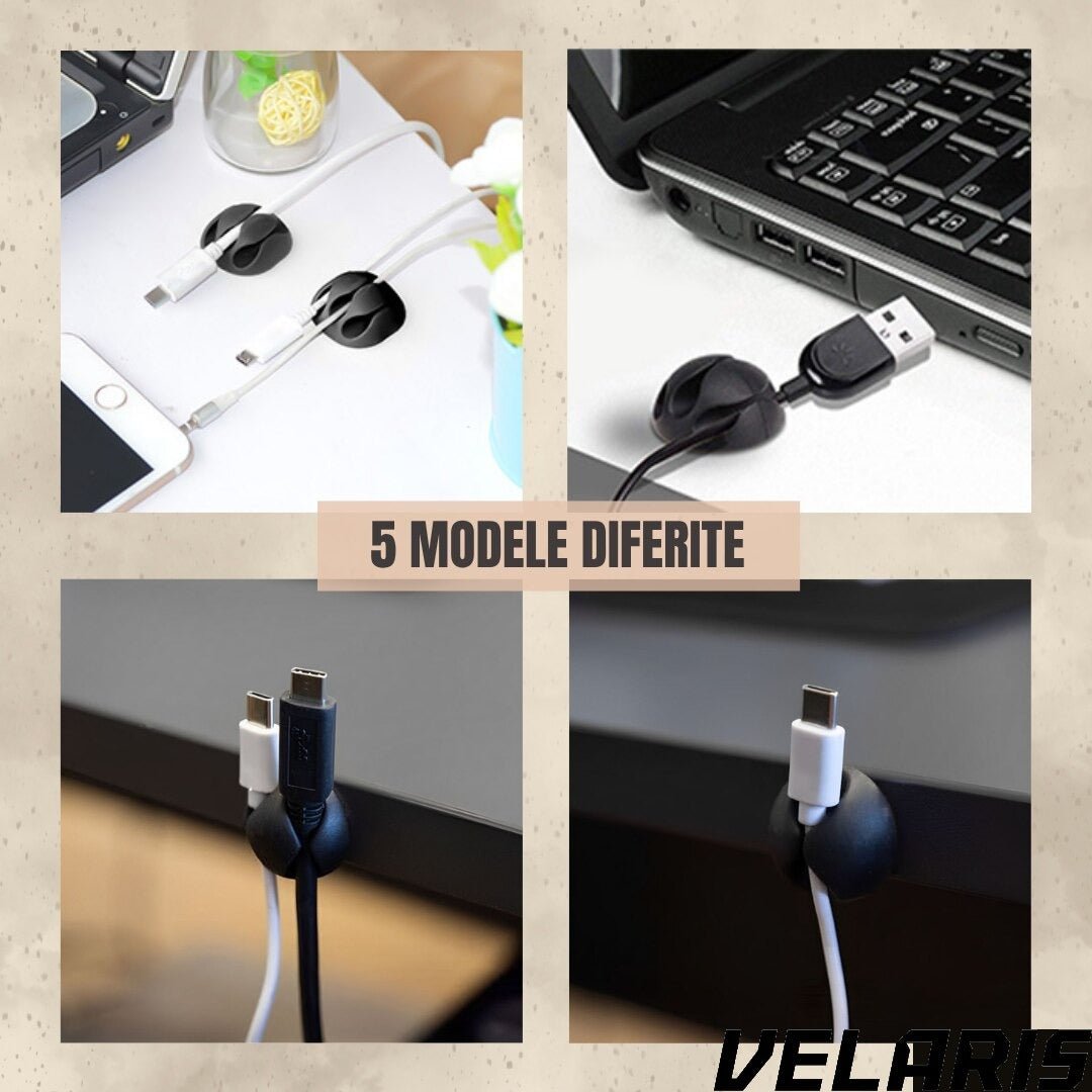 Set suport organizare cabluri, 10 bucati, 5 dimensiuni diferite, autoadeziv, negru