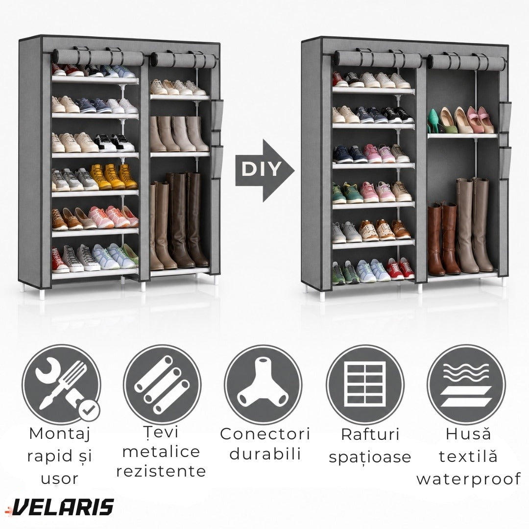Cabinet pantofi din material textil cu fermoar gri 113x30x107 cm ușor de asamblat