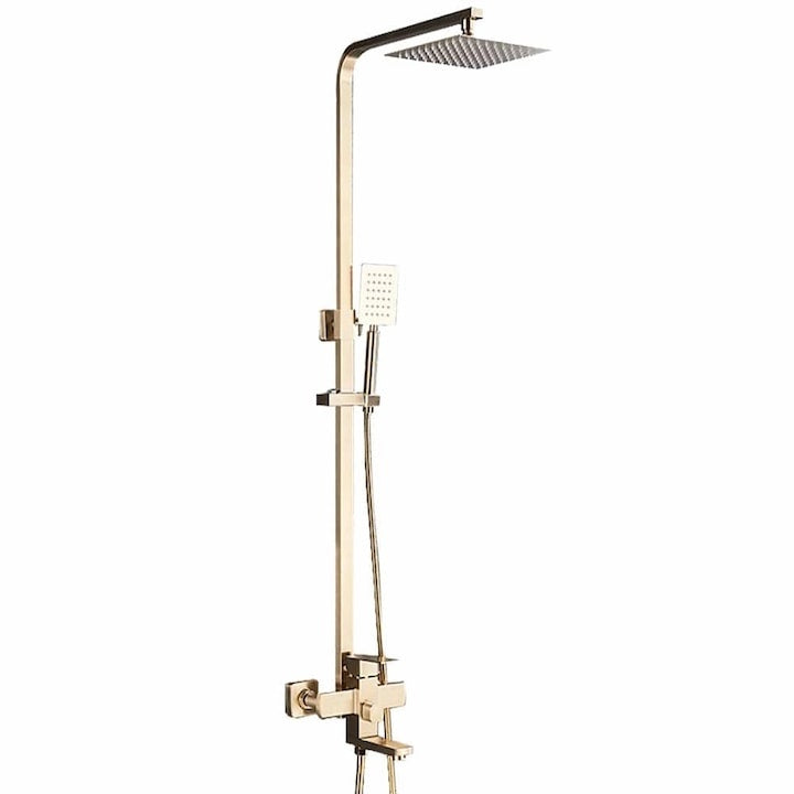 Coloană de duș cu robinet, 4 funcții, alamă și inox, cap duș 20x20 cm, placat nichel auriu, înălțime reglabilă