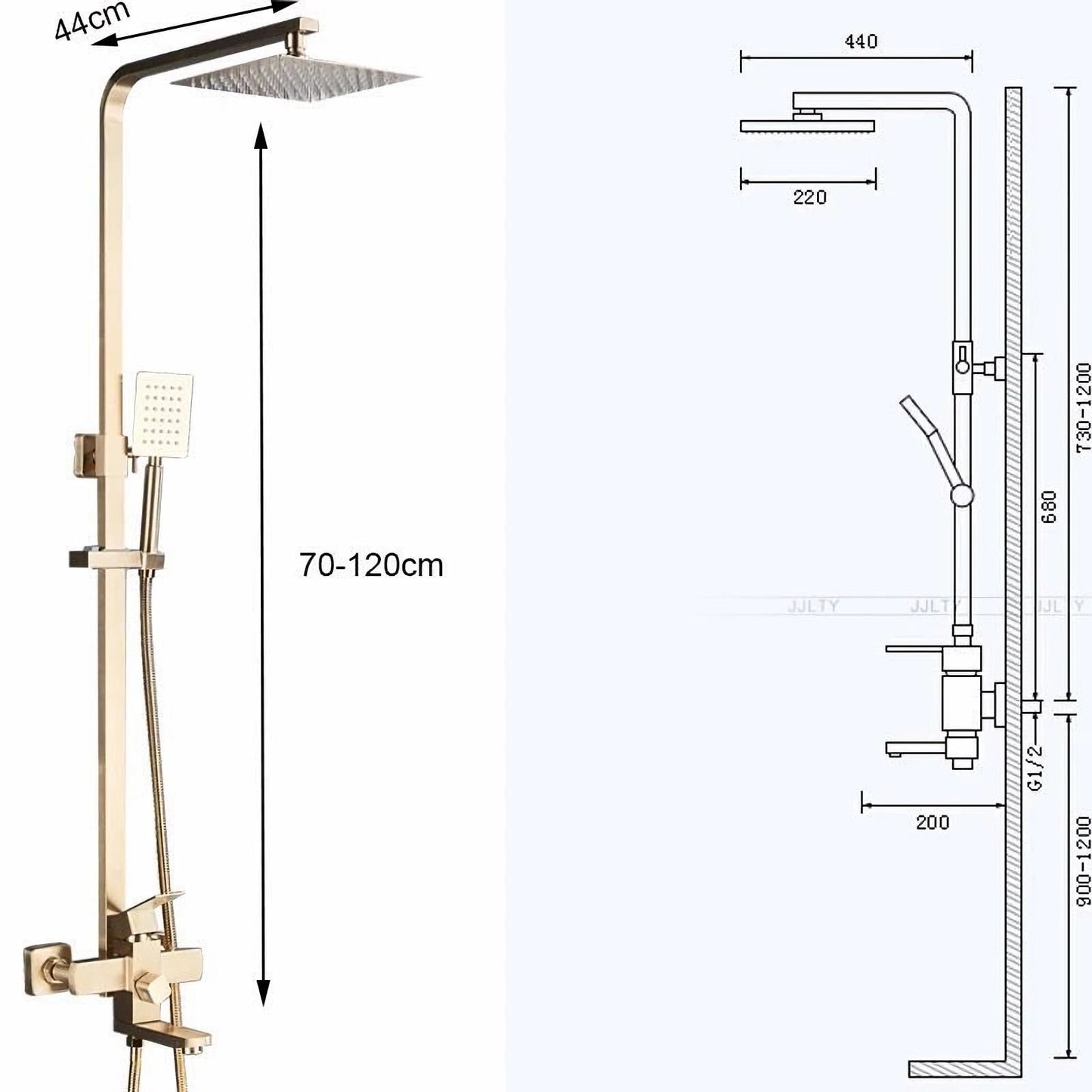 Coloană de duș cu robinet, 4 funcții, alamă și inox, cap duș 20x20 cm, placat nichel auriu, înălțime reglabilă