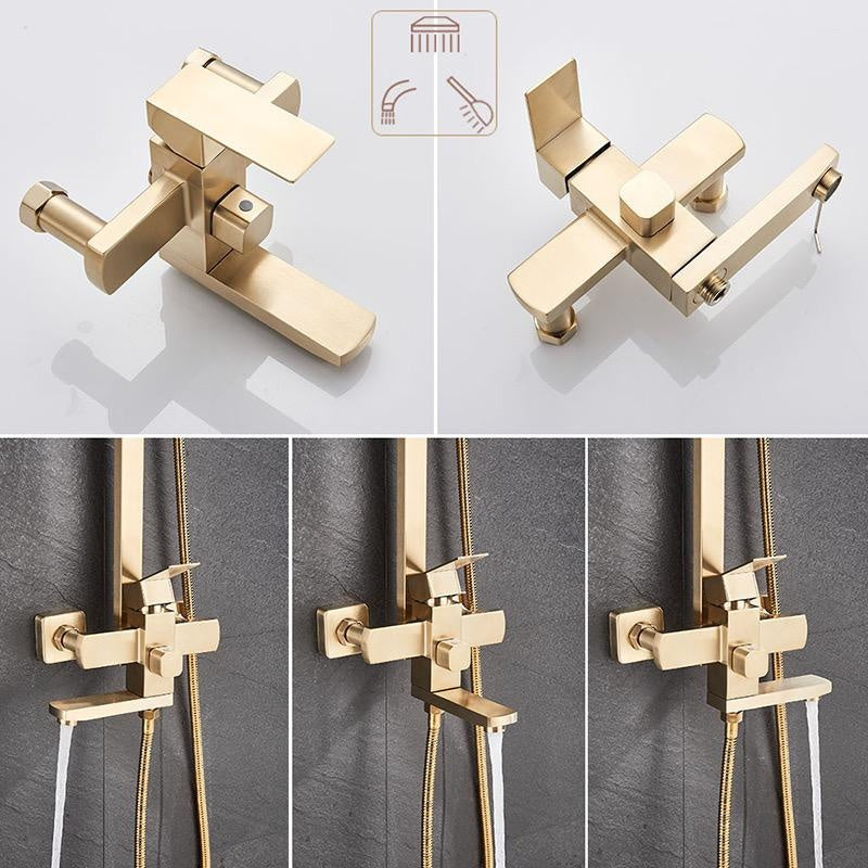 Coloană de duș cu robinet, 4 funcții, alamă și inox, cap duș 20x20 cm, placat nichel auriu, înălțime reglabilă