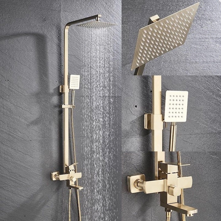 Coloană de duș cu robinet, 4 funcții, alamă și inox, cap duș 20x20 cm, placat nichel auriu, înălțime reglabilă