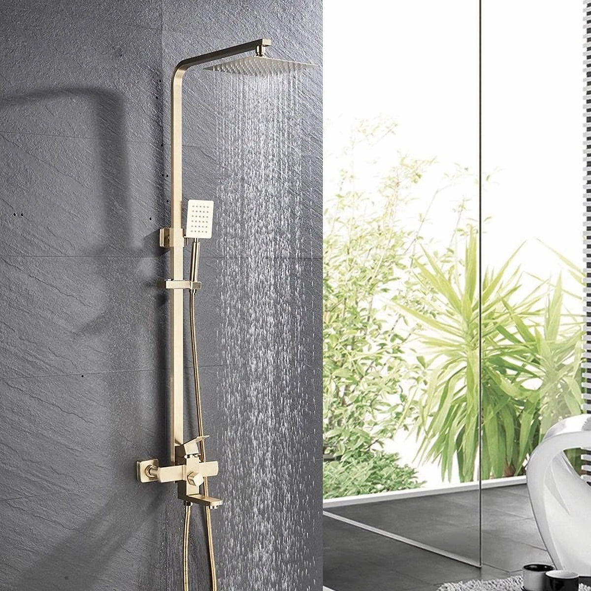 Coloană de duș cu robinet, 4 funcții, alamă și inox, cap duș 20x20 cm, placat nichel auriu, înălțime reglabilă