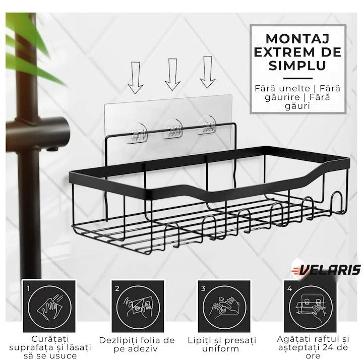 Organizator duș din oțel inoxidabil, montare adezivă fără găuri, negru