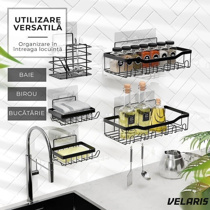 Organizator duș din oțel inoxidabil, montare adezivă fără găuri, negru