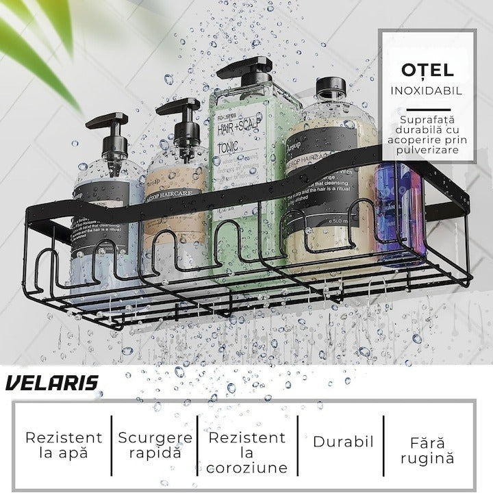 Organizator duș din oțel inoxidabil, montare adezivă fără găuri, negru