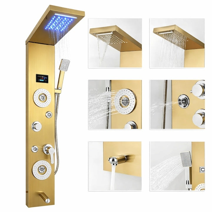 Panou Duș Hidromasaj 5 Funcții LED Digital Oțel Inoxidabil Aur Satin 120 cm