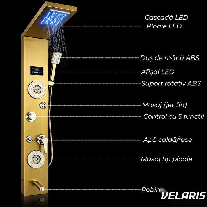 Panou Duș Hidromasaj 5 Funcții LED Digital Oțel Inoxidabil Aur Satin 120 cm
