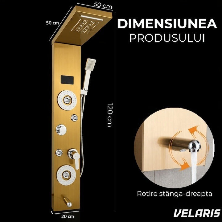 Panou Duș Hidromasaj 5 Funcții LED Digital Oțel Inoxidabil Aur Satin 120 cm