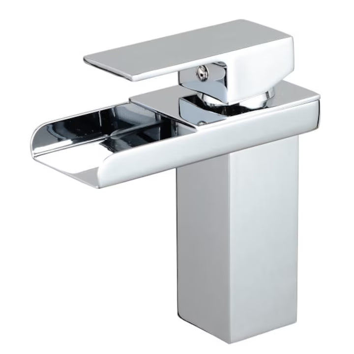 Robinet lavoar tip cascadă, bronz cromat, înălțime 160 mm, spout 135 mm, mâner unic argintiu