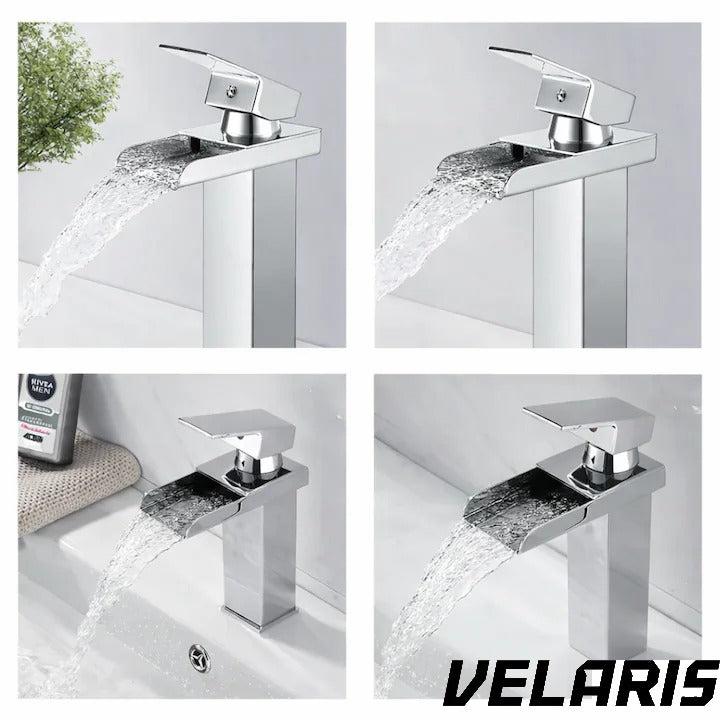 Robinet lavoar tip cascadă, bronz cromat, înălțime 160 mm, spout 135 mm, mâner unic argintiu