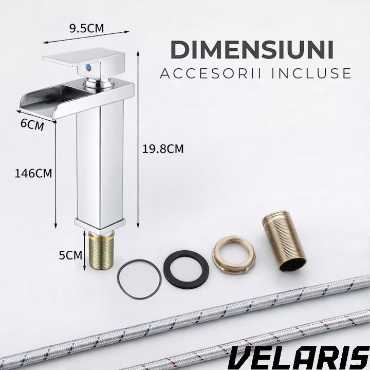 Robinet lavoar tip cascadă, bronz cromat, înălțime 160 mm, spout 135 mm, mâner unic argintiu